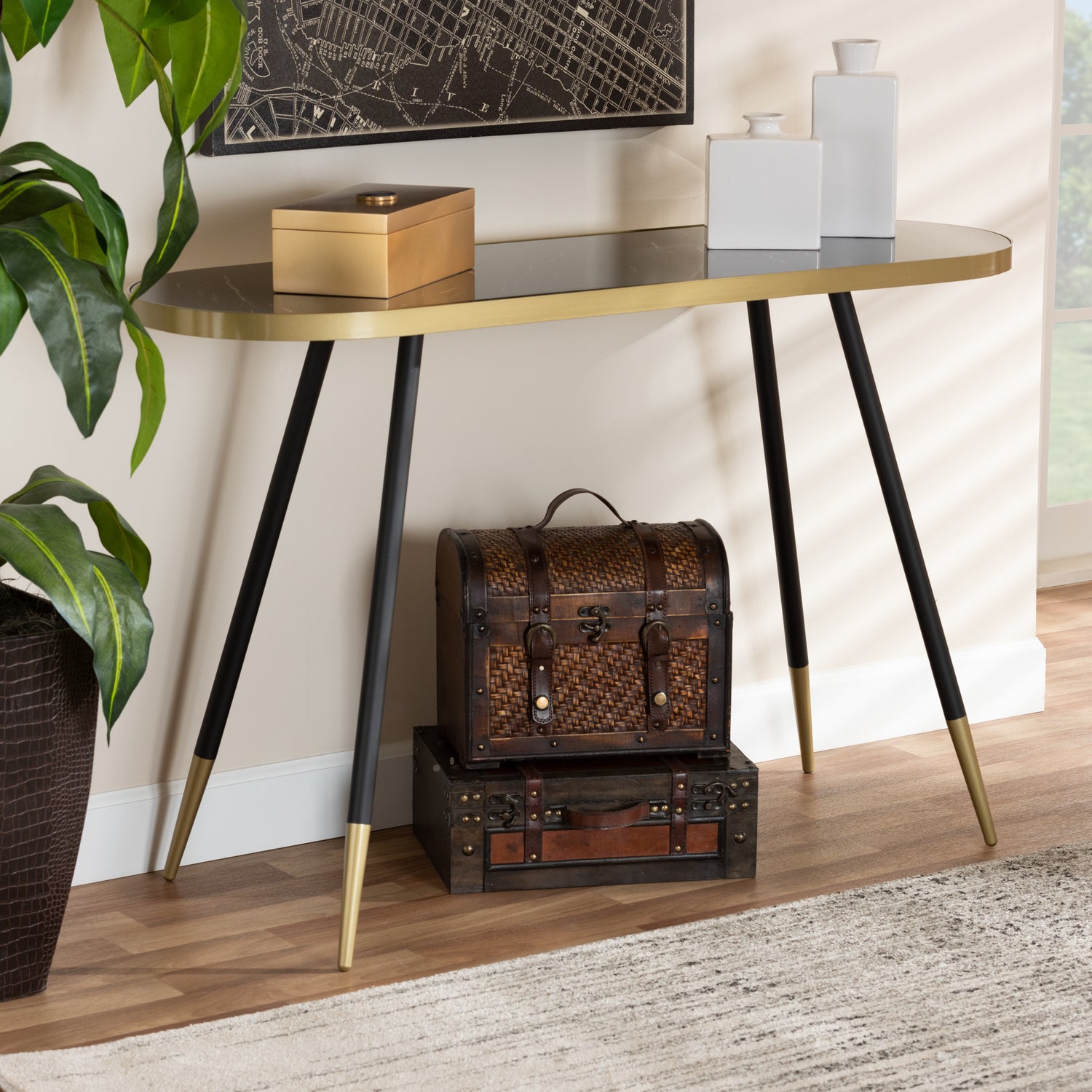 Lauro Console Table Modern Contemporary Design Black Faux Marble Top Two-Tone Gold Black Metal Base