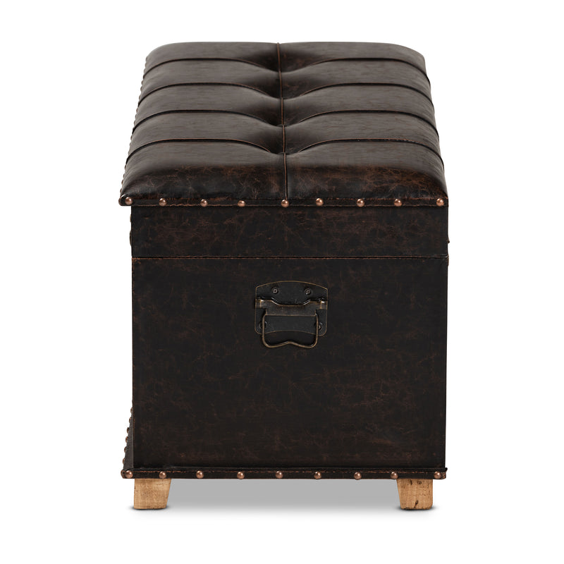 Janna Storage Ottoman Rustic Dark Brown Faux Leather Upholstered with Oak Finished Wood