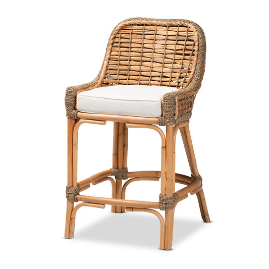 Kyle Modern Bohemian Counter Stool Natural Brown Woven Rattan with Comfortable Cushion for Stylish Seating