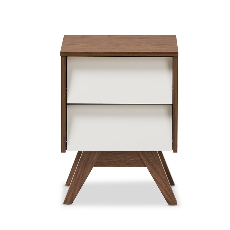 Hildon Mid-Century Modern Nightstand with 2 Drawers in White and Walnut for Stylish Bedroom Storage