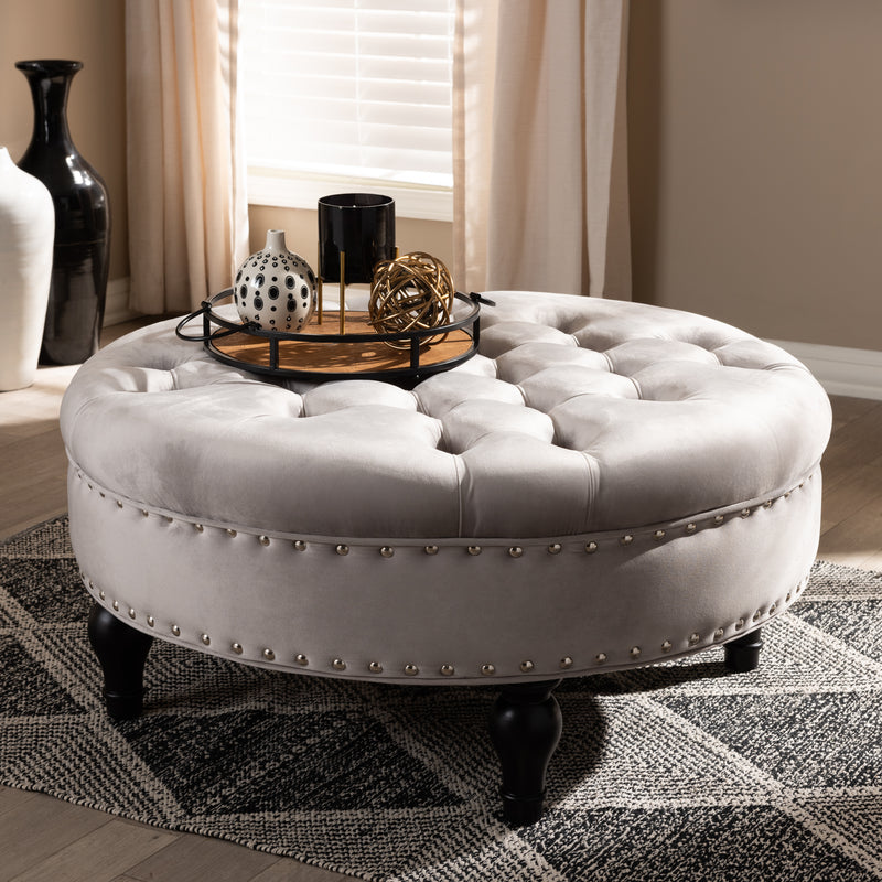 Palfrey Ottoman Transitional Blue Velvet Fabric Upholstered Button Tufted Cocktail