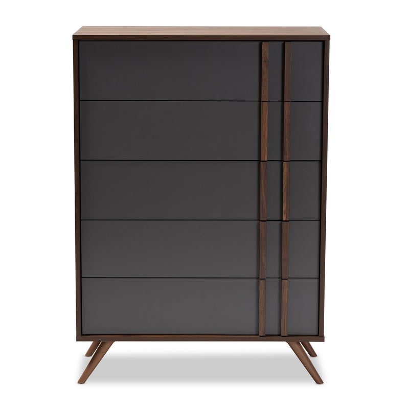 Naoki Bedroom Chest - Modern 5-Drawer Storage Unit in Two-Tone Grey and Walnut Finish for Stylish Organization