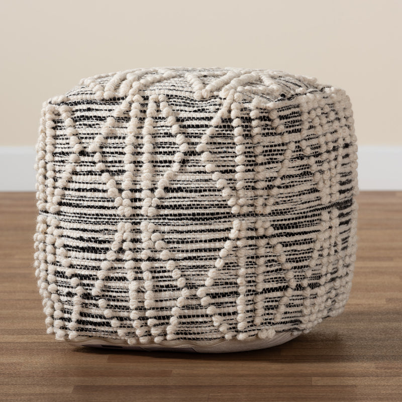 Sentir Pouf Ottoman Modern Moroccan Inspired Handwoven Wool Blend in Ivory and Black