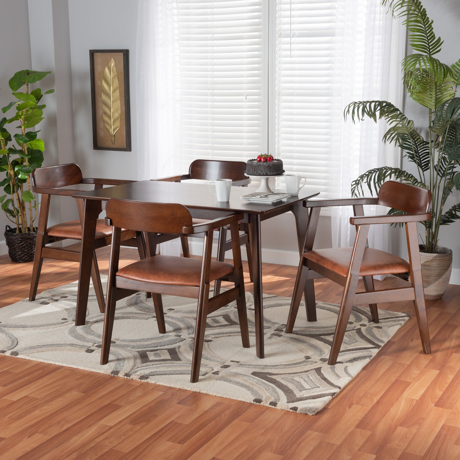 Cleo Dining Set Mid-Century Modern Light Brown Fabric and Dark Brown Finished Wood 5-Piece