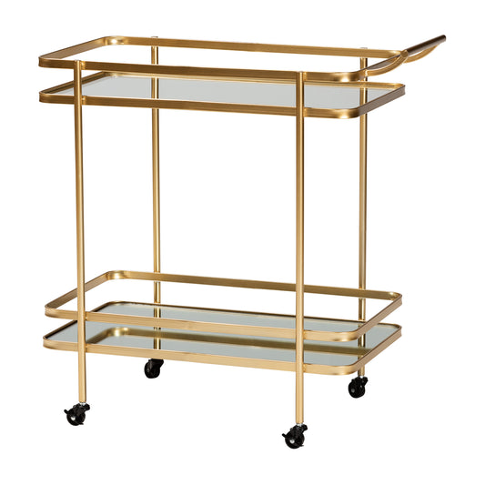 Destin Mobile Wine Bar Cart - Modern Glam Design with Brushed Gold Metal and Mirrored Glass, 2-Tier Storage