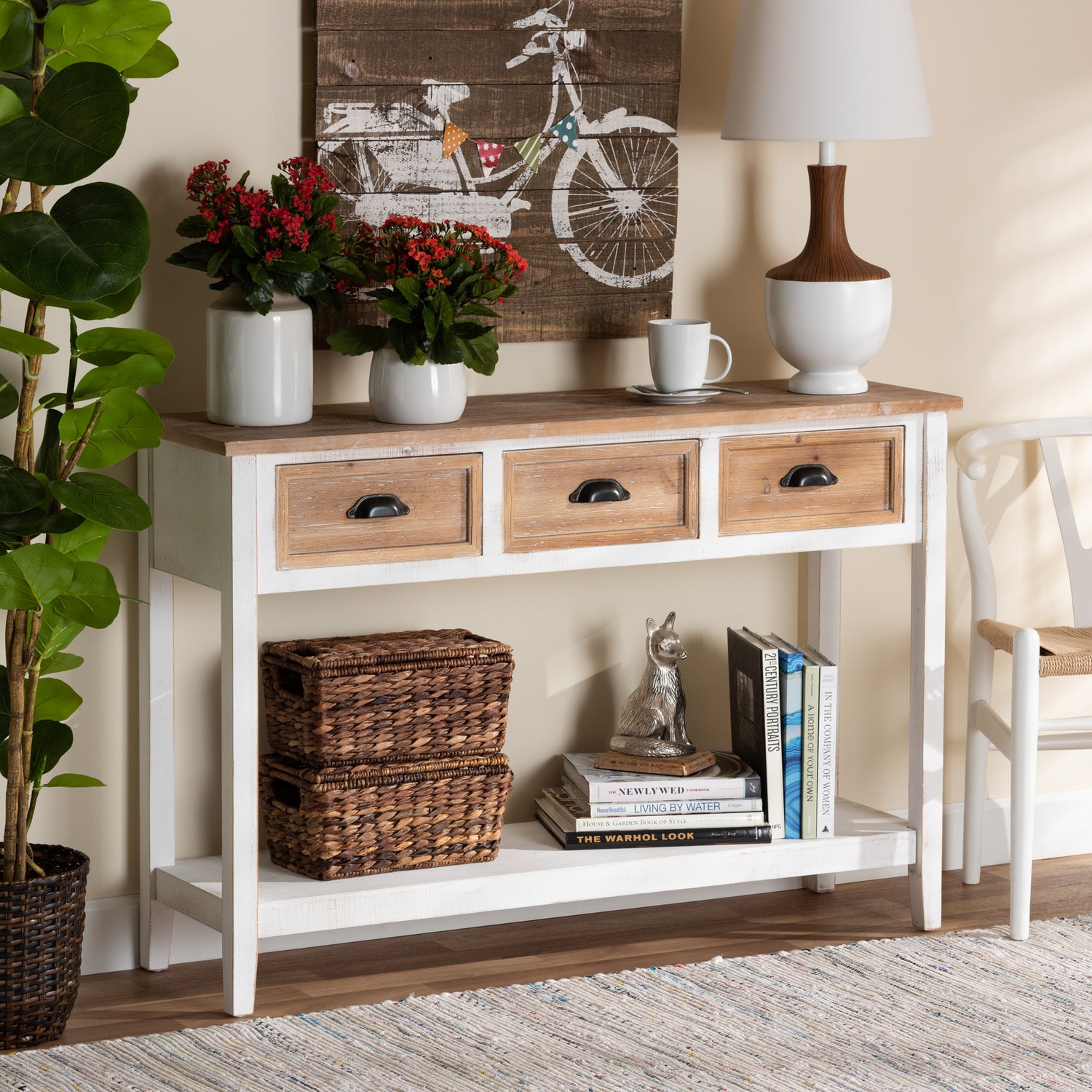 Benedict Console Table Traditional Farmhouse Rustic Design Two-Tone White and Oak Brown Finish with 3 Drawers for Storage