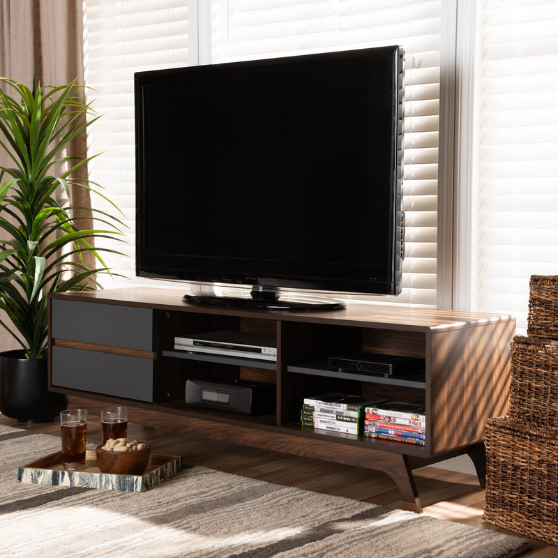 Koji TV Stand - Mid-Century Modern Two-Tone Grey and Walnut Wood with 2 Drawers for Stylish Living Room Storage