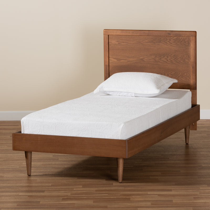 Hiro Twin Size Platform Bed in Mid-Century Walnut Brown Wood with Sleek Design and Sturdy Construction