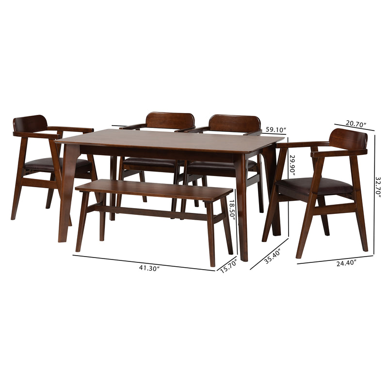 Cleo Dining Set Mid-Century Modern 6-Piece Collection with Espresso Fabric and Dark Brown Wood Finish