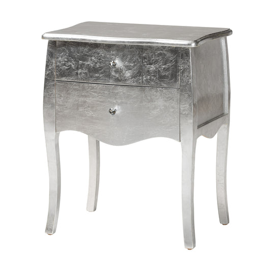 Patrice End Table Classic Traditional Silver Finished Wood with 2 Drawers for Living Room or Bedroom Storage