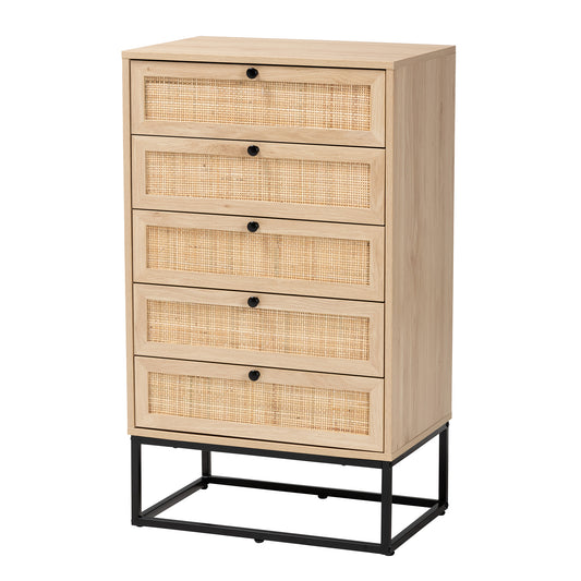 Amelia 5-Drawer Storage Cabinet Mid-Century Modern Design in Natural Brown Wood and Rattan for Stylish Organization and Storage Solutions