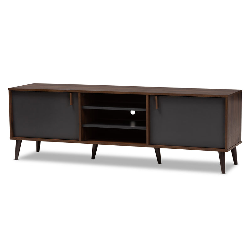 Samuel Mid-Century Modern TV Stand in Brown and Dark Grey with Storage and Stylish Design