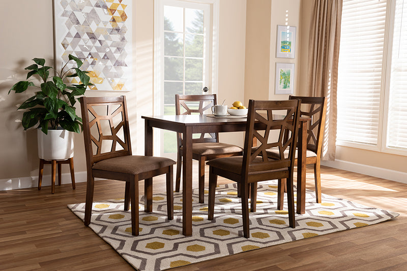 Abilene Dining Set Mid-Century Walnut Finished and Grey Fabric Upholstered 5-Piece