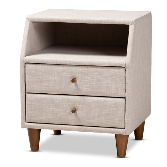 Claverie Nightstand - Mid-Century Modern Beige Fabric Upholstered 2-Drawer Wood