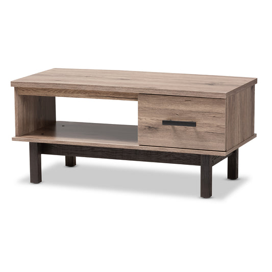 Arend Coffee Table Modern Two-Tone Design in Oak Brown and Black Wood with 1 Storage Drawer