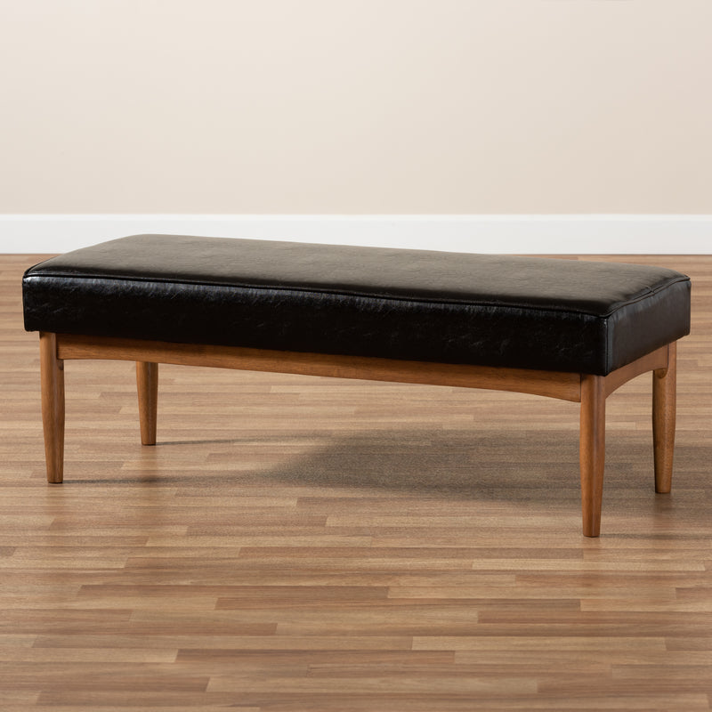 Arvid Dining Bench Mid-Century Modern Dark Brown Faux Leather Upholstered Wood