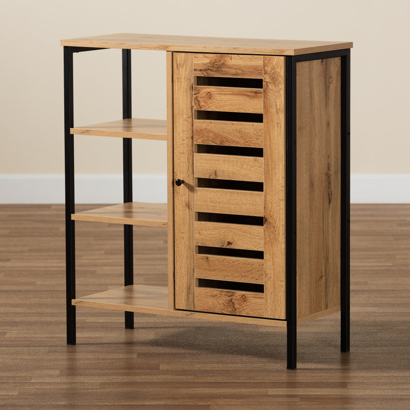 Vander Shoe Storage Cabinet Modern Contemporary Design Oak Brown Wood Black Metal 1 Door Organized Footwear Storage