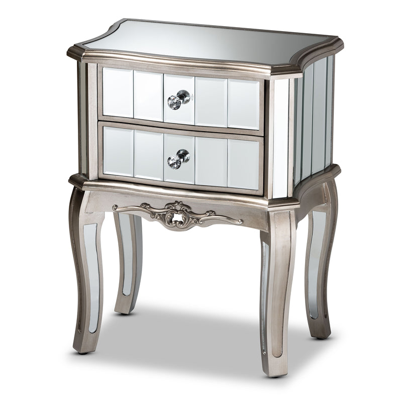 Elgin End Table - Contemporary Glam Design with Brushed Silver Wood and Mirrored Glass, Featuring 2 Stylish Storage Drawers