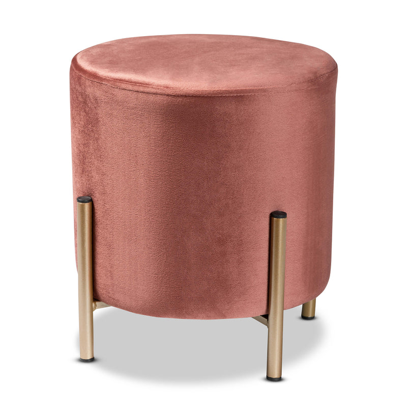 Thurman Ottoman Contemporary Glam and Luxe Pink Velvet Fabric Upholstered with Gold Finished Metal