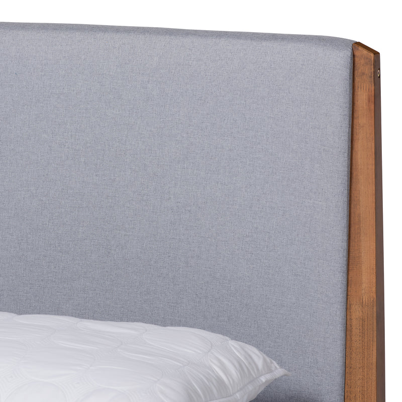 Lenora King Size Platform Bed - Mid-Century Modern Grey Fabric Upholstery with Walnut Brown Wood Frame