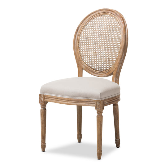 Adelia Vintage Cottage Dining Side Chair in Weathered Oak with Beige Fabric Upholstery and Round Cane Back Design