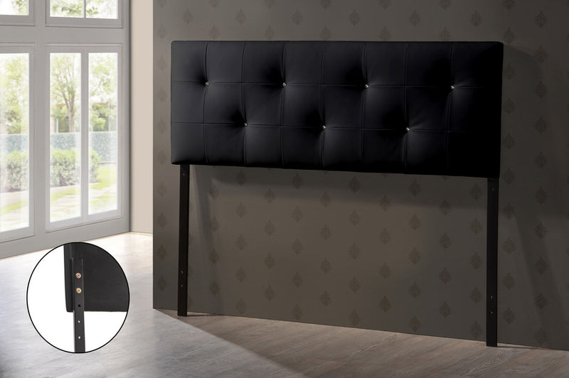 Dalini Headboard - Modern and Contemporary Full Black Faux Leather with Faux Crystal Buttons