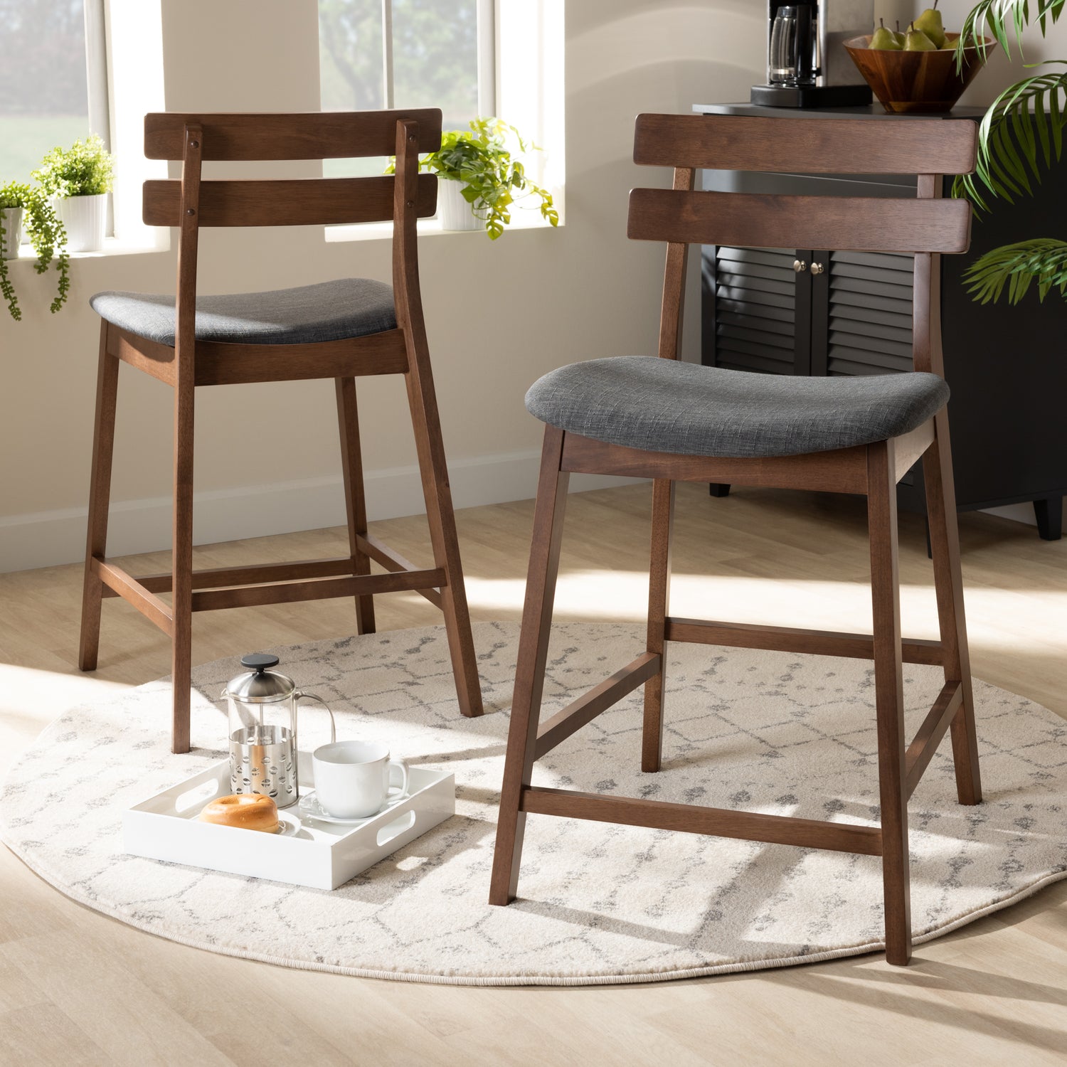 Larine Counter Stool Set Modern and Contemporary Dark Grey Fabric Upholstered Walnut Finished 2-Piece