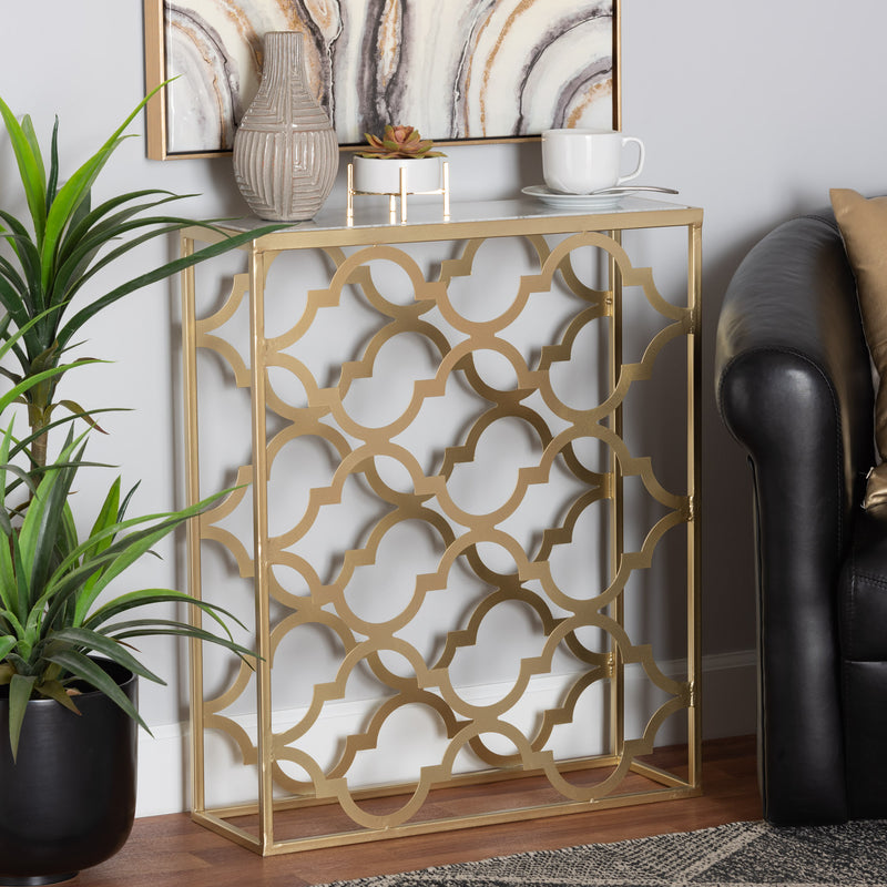 Calanthe Console Table Modern Gold Finished Metal Design with Elegant Marble Top