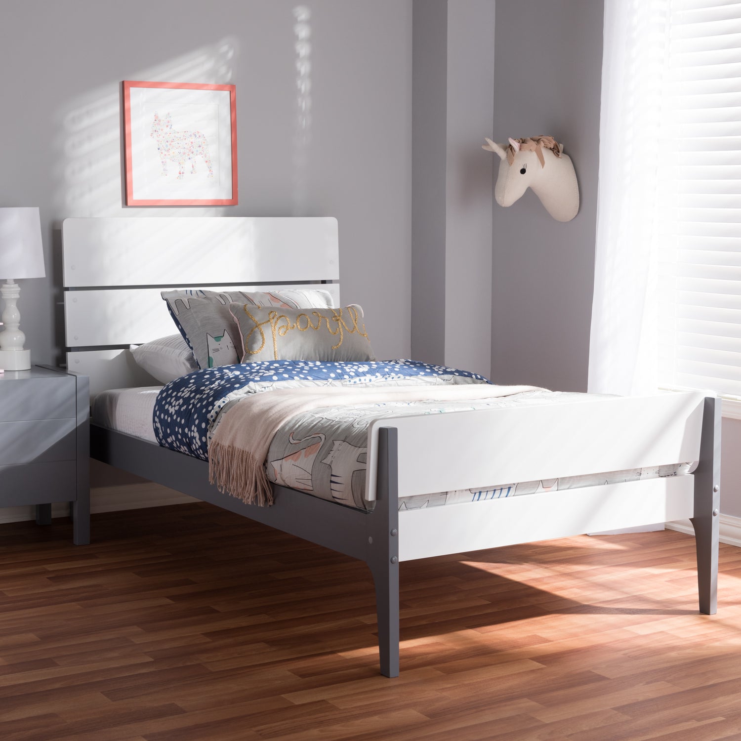 Nereida Twin Platform Bed - Modern Classic Mission Style in White and Dark Grey Wood