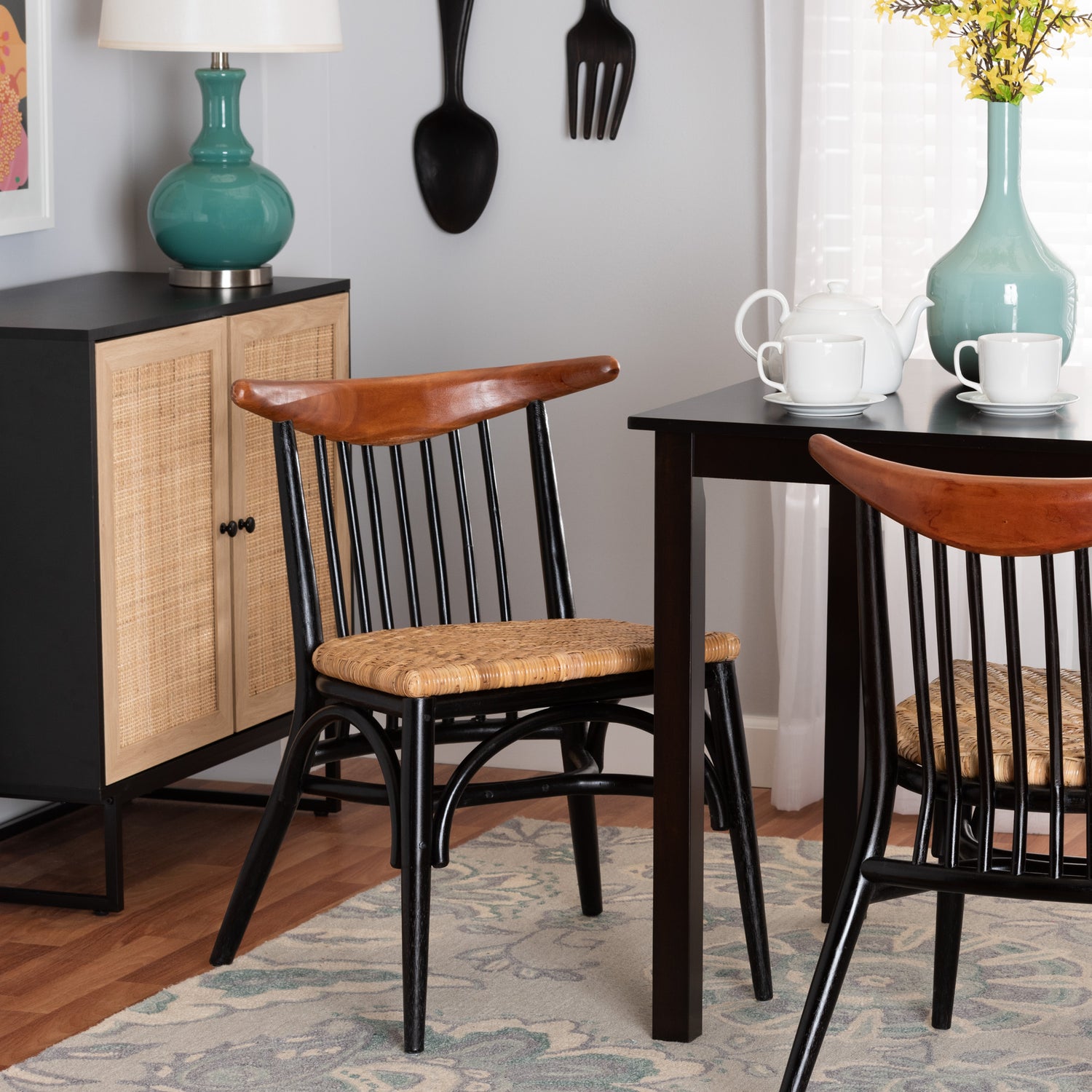 Parthenia Mid-Century Modern Dining Chair in Two-Tone Black and Walnut, Crafted from Mahogany with Natural Rattan Accents