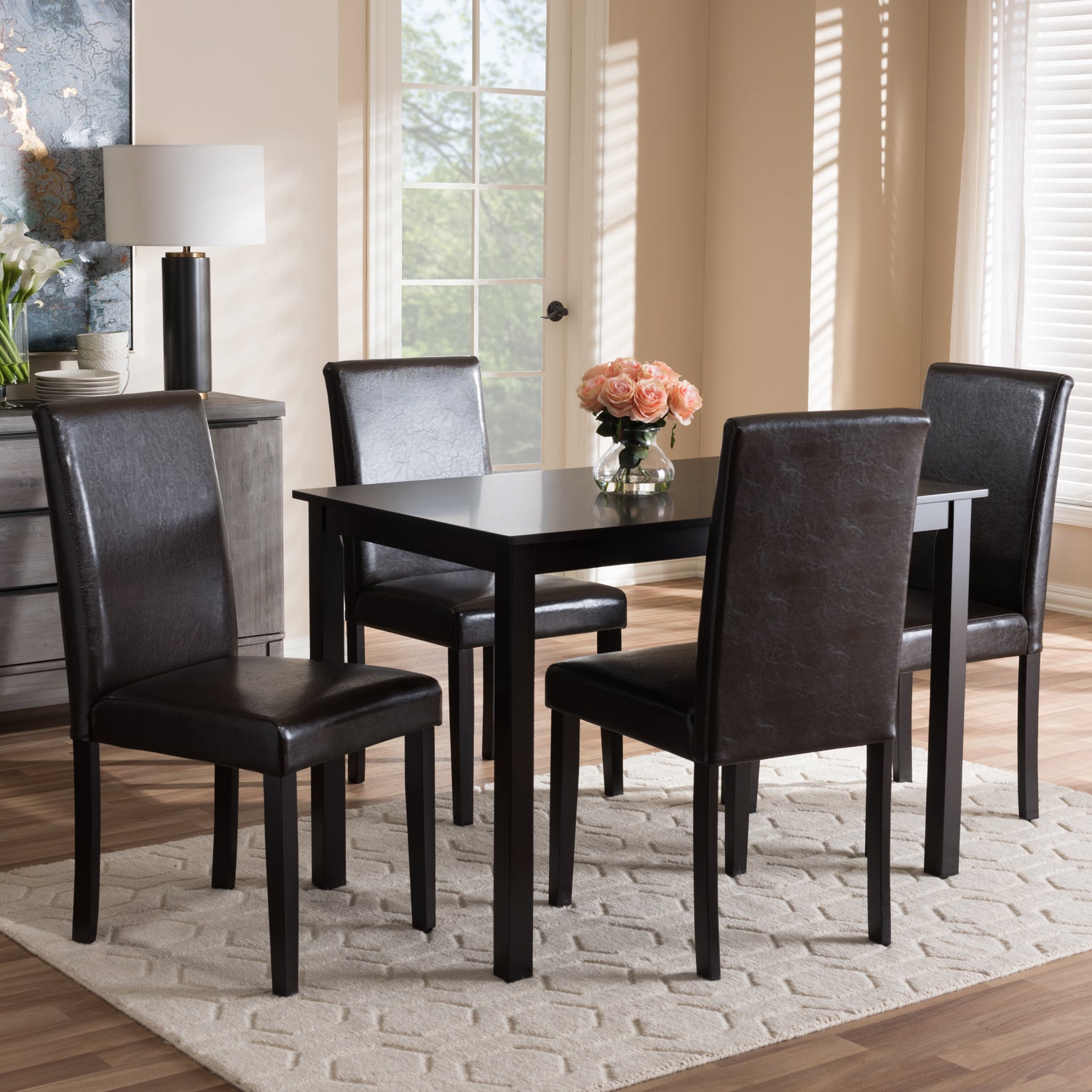 Mia 5-Piece Dining Set in Modern Dark Brown Faux Leather Upholstery