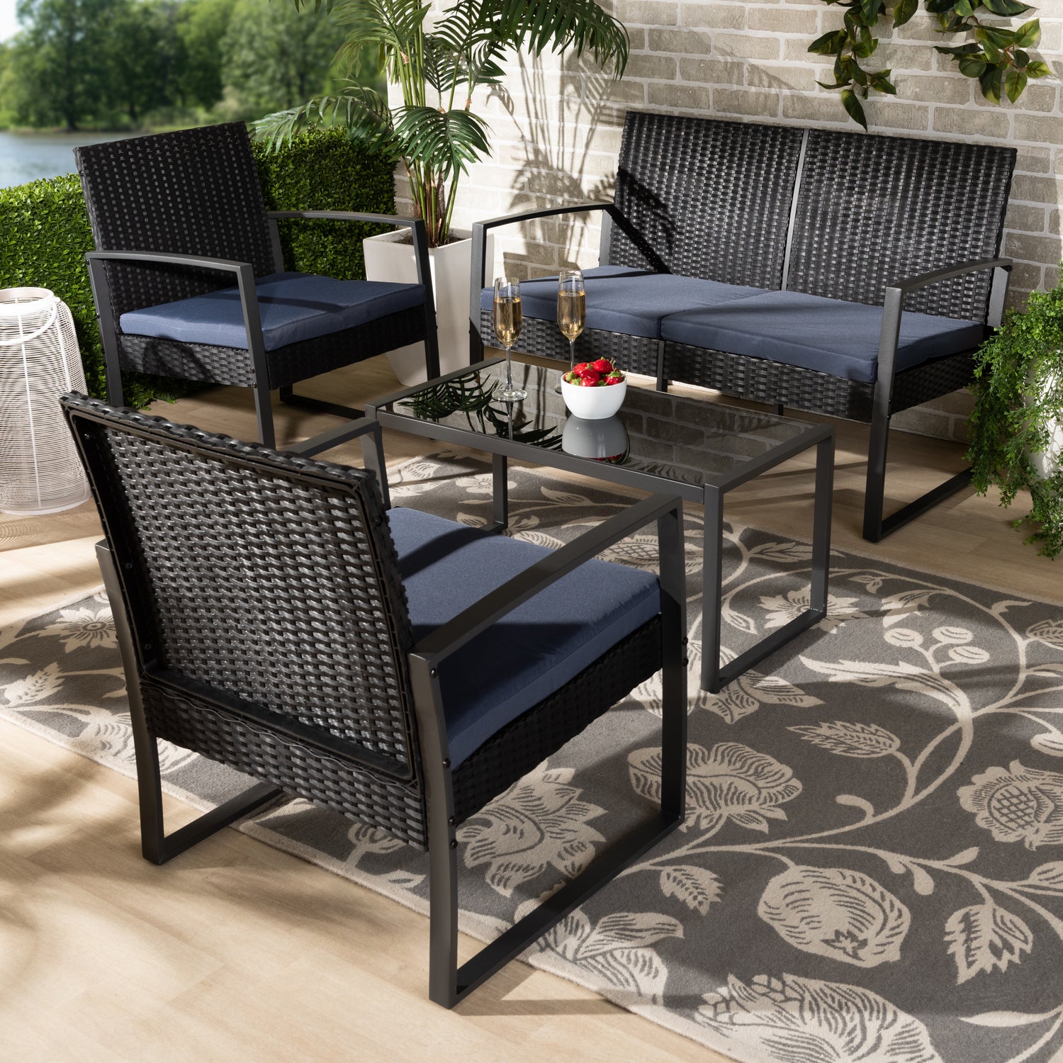 Greta Patio Set Modern 4-Piece Outdoor Furniture with Dark Blue Fabric Upholstery, Black Metal Finish, and Synthetic Rattan