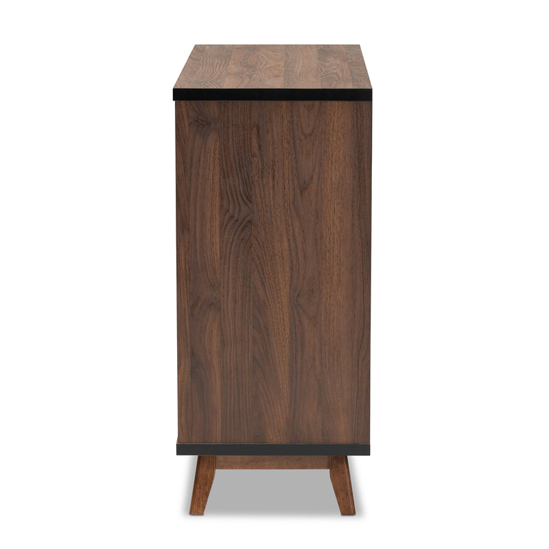 Margo Wine Storage Cabinet Mid-Century Modern Two-Tone Walnut Brown and Black Wood with Ample Storage for Bottles and Glasses