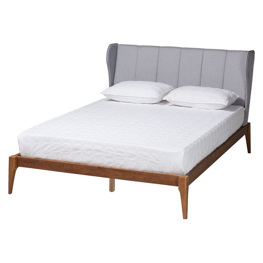 Royce Queen Size Bed Mid-Century Modern Design in Light Grey Fabric with Ash Walnut Finished Wood