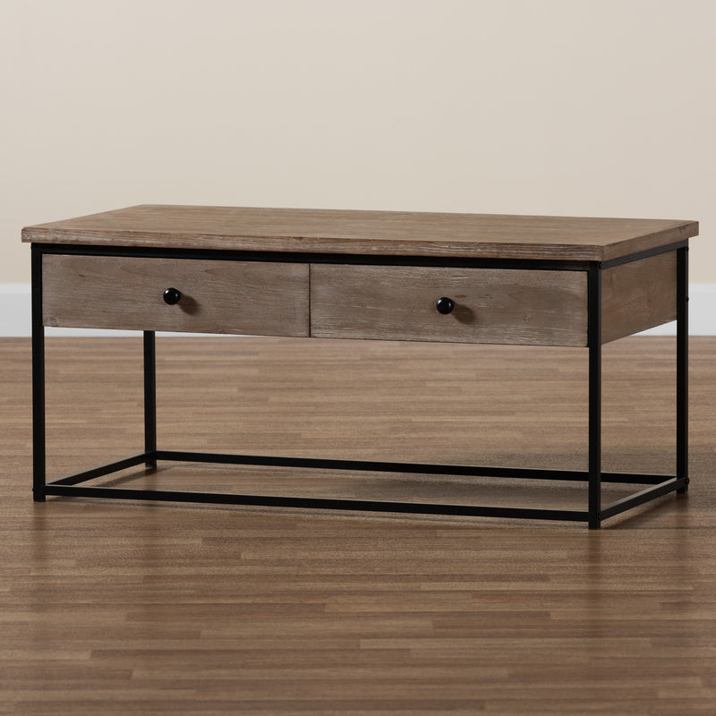 Roderick Coffee Table Modern Contemporary Design Weathered Oak Finish Black Metal Accents with 2 Storage Drawers