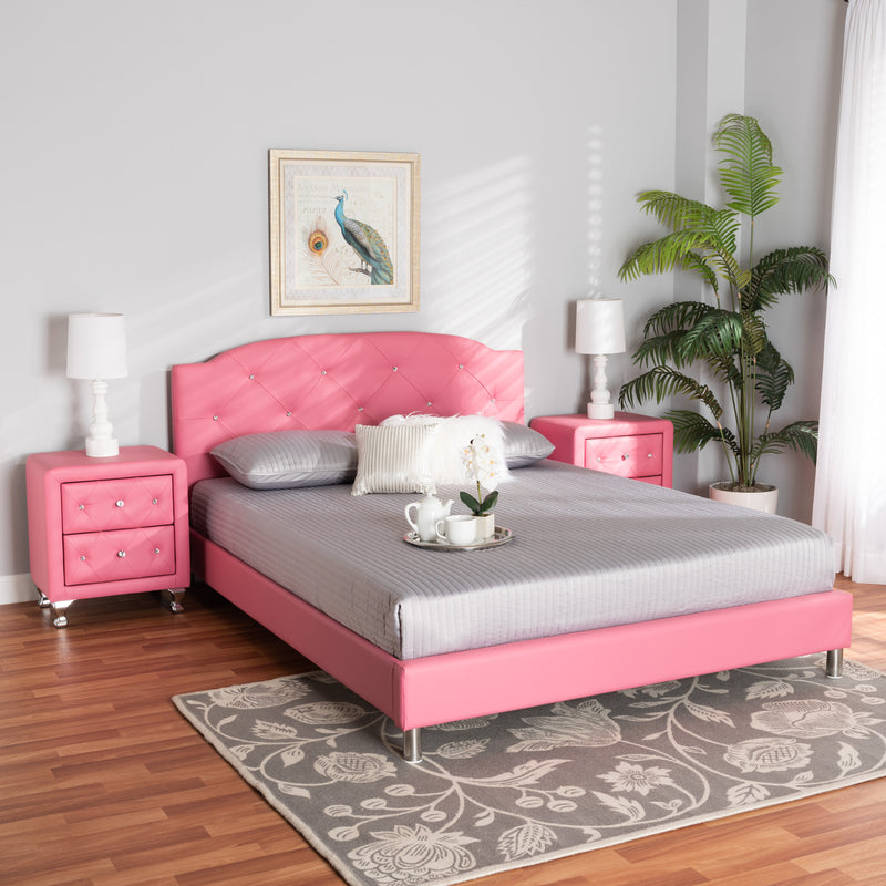 Canterbury Bedroom Set - Contemporary Glam Pink Faux Leather Upholstered 3-Piece