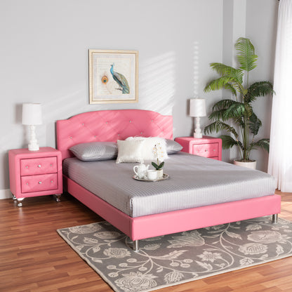 Canterbury Bedroom Set - Contemporary Glam Pink Faux Leather Upholstered 3-Piece