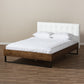 Mitchell Platform Bed - Rustic Industrial Walnut Wood with White Faux Leather and Dark Bronze Metal