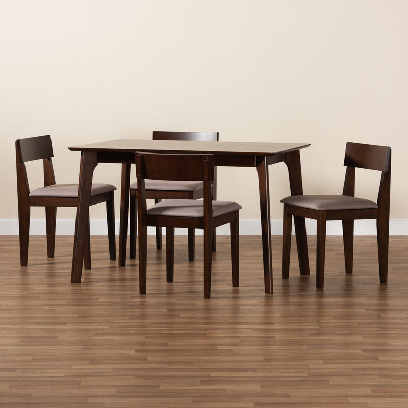 Camilla Dining Set Mid-Century Modern 5-Piece Warm Grey Fabric Dark Brown Finished Wood