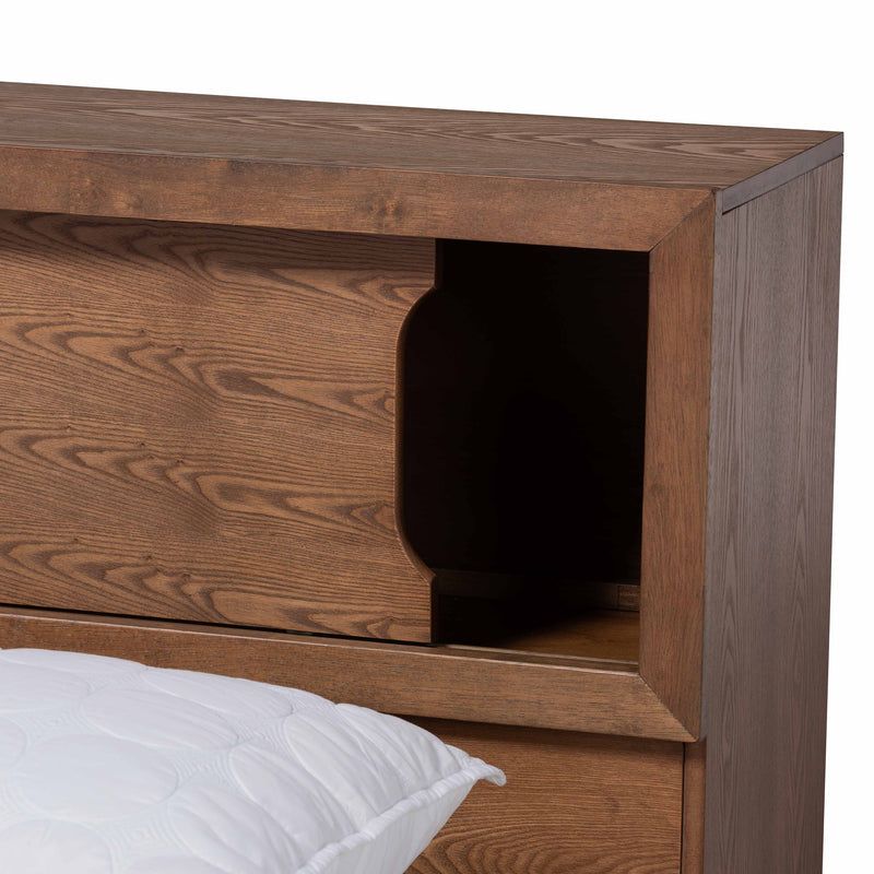 Erie Queen Size Platform Storage Bed - Modern Rustic Walnut Brown Wood with Built-In Outlet for Convenient Charging