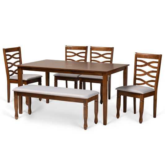 Lanier 6-Piece Dining Set Modern Grey Fabric Upholstered Chairs with Walnut Brown Finished Wood Table