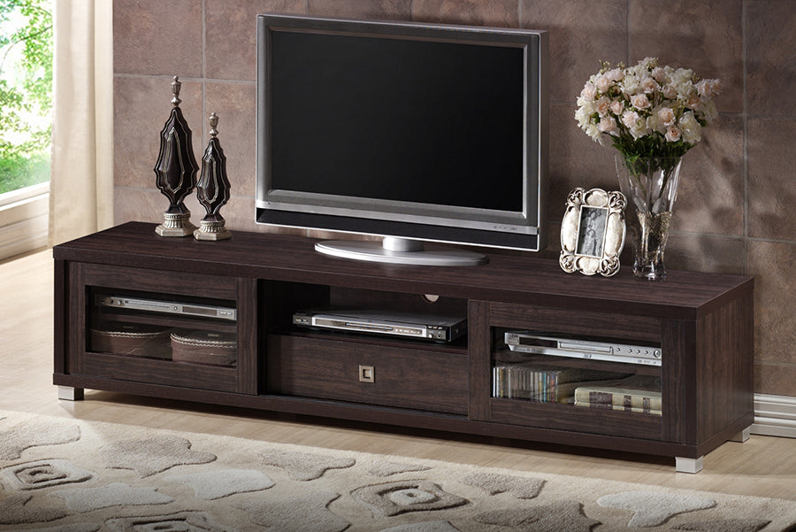 Beasley TV Cabinet 70-Inch Dark Brown with 2 Sliding Doors and Drawer