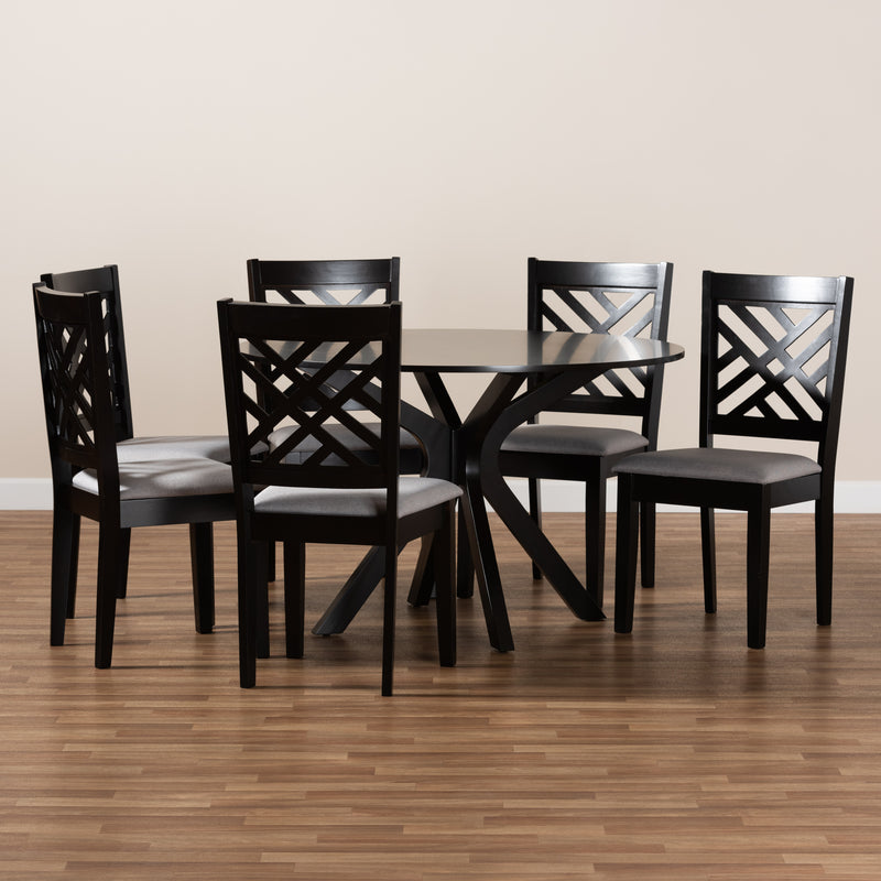 Norah Dining Set Modern Contemporary Grey Fabric Upholstered Dark Brown Finished Wood 7-Piece