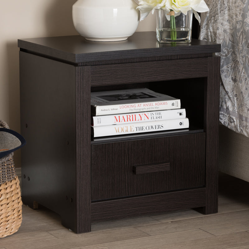 Bienna Nightstand - Modern Wenge Brown 1-Drawer Bedside Table for Bedroom Storage