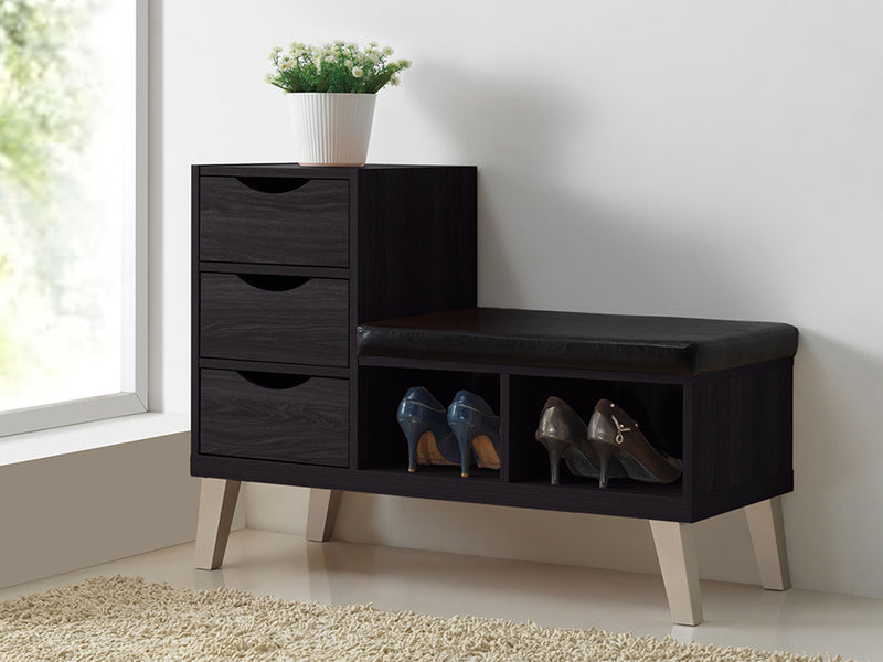 Arielle Shoe Storage Bench Modern and Contemporary Dark Brown Wood 3-drawer Padded Leatherette Seating with Two Open Shelves