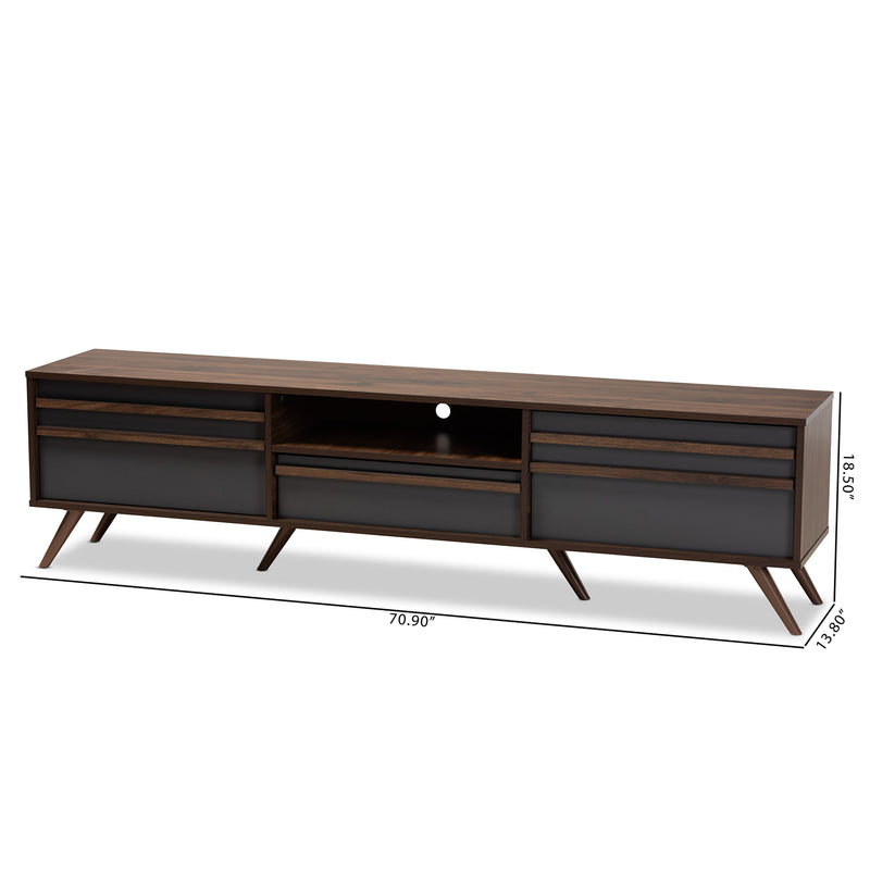 Naoki TV Stand - Modern Two-Tone Grey and Walnut Wood with Drop-Down Compartments for Stylish Living Room Storage