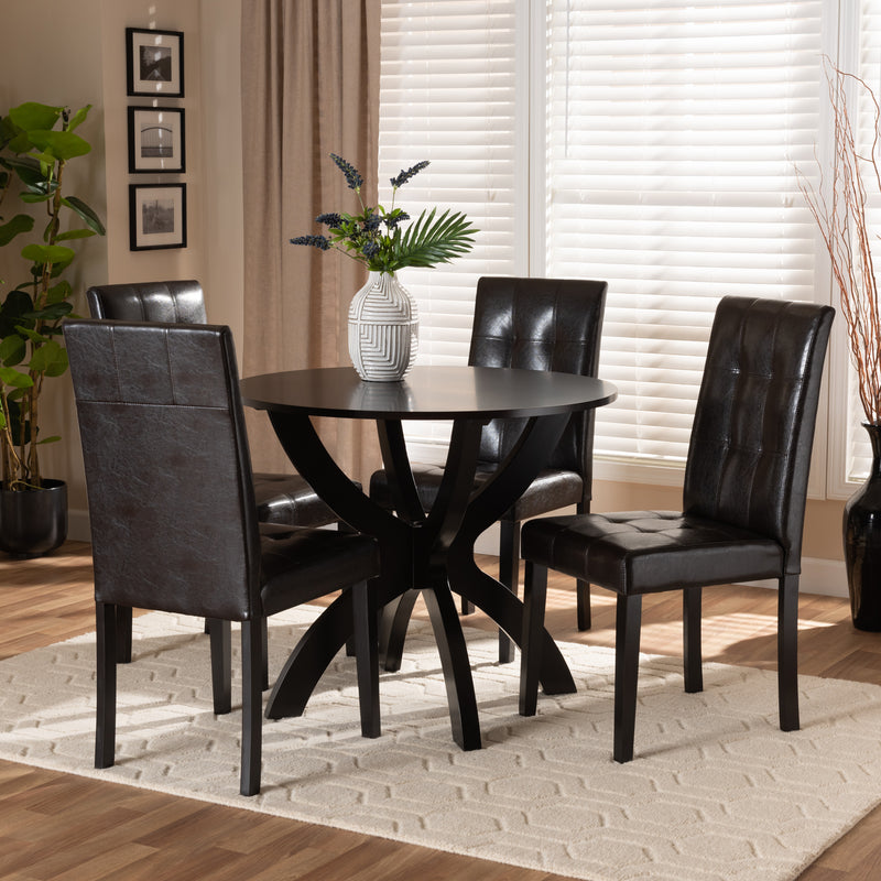 Elira 5-Piece Dining Set Modern Dark Brown Faux Leather Chairs with Dark Brown Finished Wood Table