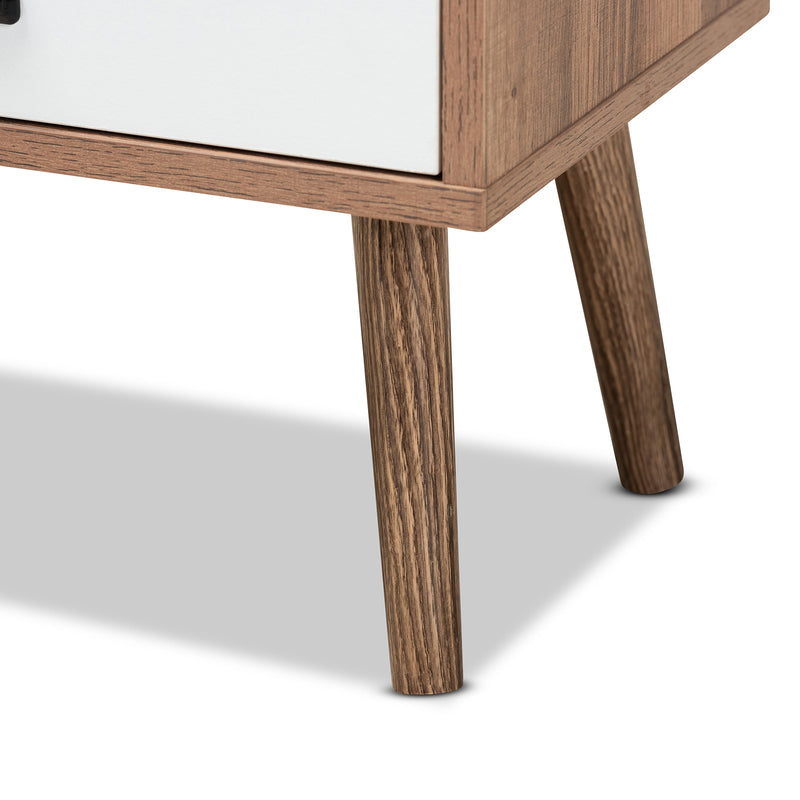 Hubbard Mid-Century Modern End Table Two-Tone Natural Brown and White Wood with Black Metal Featuring 1 Drawer for Storage