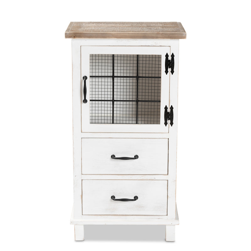 Faron Storage Cabinet Classic Farmhouse Style Two-Tone Distressed White and Oak Brown Finish with 2 Drawers for Organized Storage