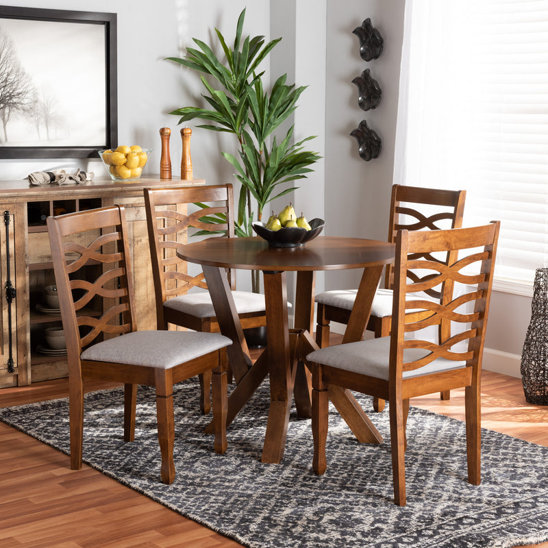 Ariane 5-Piece Dining Set in Modern Style with Grey Fabric Upholstery and Walnut Brown Wood Finish